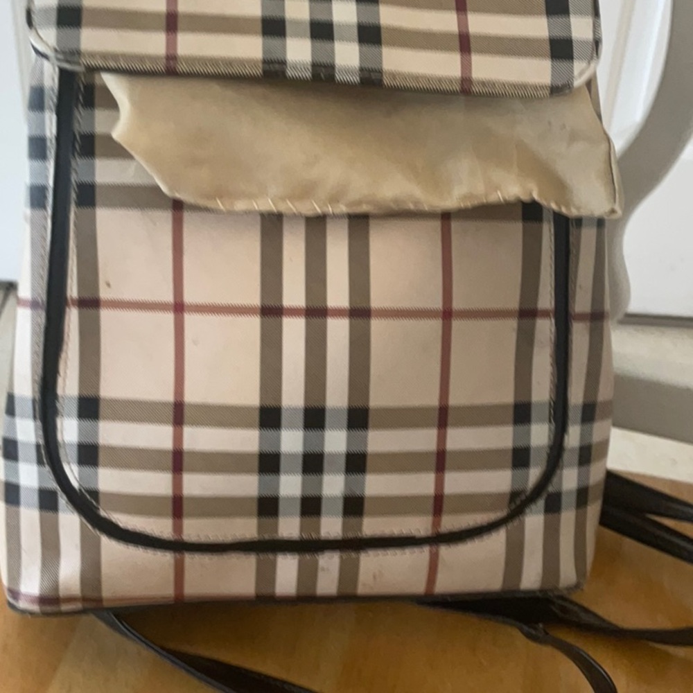 Burberry Beige Plaid Canvas Backpack with Black Accents - Picture 5 of 7